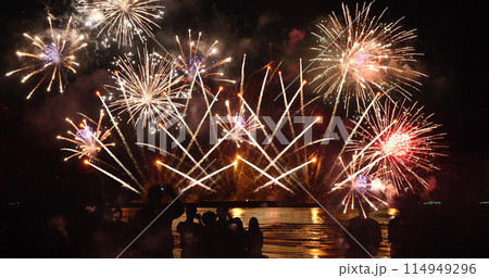 Golden Firework celebrate anniversary independence day night time celebrate national holiday. Countdown to new year 2024 party time event. Happy new year 2024, 4th of july holiday festival concept Golden Firework celebrate anniversary independence day night time celebrate national holiday. Countdown to new year 2024 party time event. Happy new year 2024, 4th of july holiday festival concept 114949296