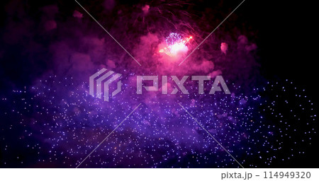 Purple Firework celebrate anniversary happy new year 2024, 4th of july holiday festival. Purple firework in night time celebrate national holiday. Violet firework Countdown to new year 2024 festival 114949320