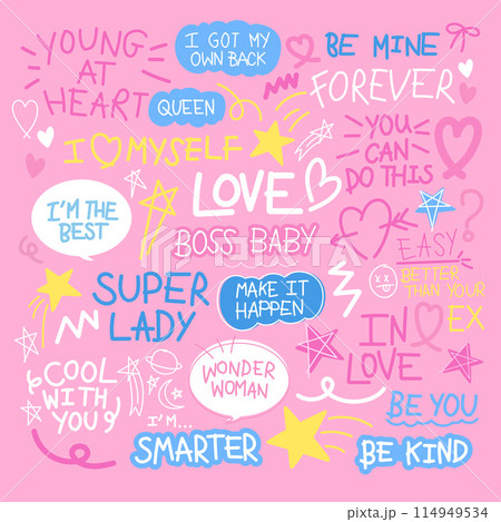 Girl power and empowered women texts such as boss baby, super lady, queen, smarter, be kind, you can do this, forever, cool with you for sticker, print, card, font, typography, decorations, tattoo Girl power and empowered women texts such as boss baby, super lady, queen, smarter, be kind, you can do this, forever, cool with you for sticker, print, card, font, typography, decorations, tattoo 114949534