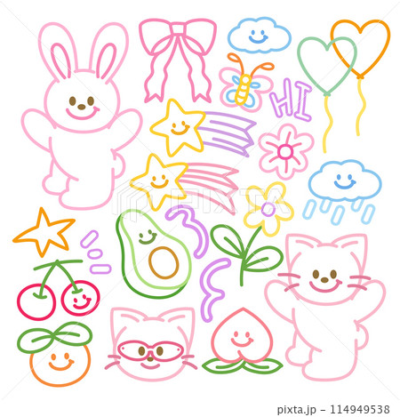 Pastel outlines of rabbit, butterfly, cat, cherry, avocado, peach, pink ribbon, cloud, flower, shooting star, balloon for animal sticker, fruit icon, food logo, picnic, summer, pet, colouring book, ad Pastel outlines of rabbit, butterfly, cat, cherry, avocado, peach, pink ribbon, cloud, flower, shooting star, balloon for animal sticker, fruit icon, food logo, picnic, summer, pet, colouring book, ad 114949538