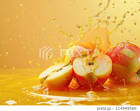 Crisp apples caught in a beautiful underwater dance, surrounded by a ballet of air bubbles against a dark backdrop. Crisp apples caught in a beautiful underwater dance, surrounded by a ballet of air bubbles against a dark backdrop. 114949560