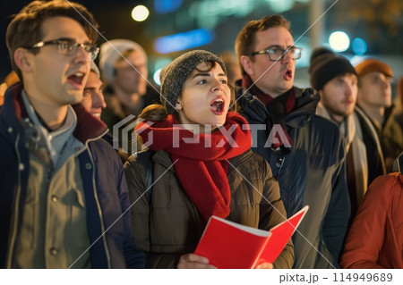 People singing during an evening rally People singing during an evening rally 114949689