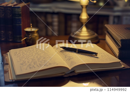 Vintage open diary with brass lamp 114949992