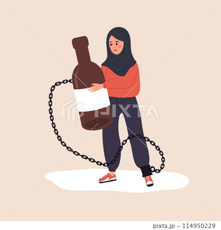 Chronic Alcoholism. Drunk arabian woman Chained to a bottle of Booze. Problems in Life. Unhealthy lifestyle awareness. Alcohol Addiction. Vector illustration in flat cartoon style 114950229
