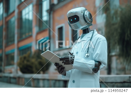 Robot in doctor attire holding clipboard 114950247
