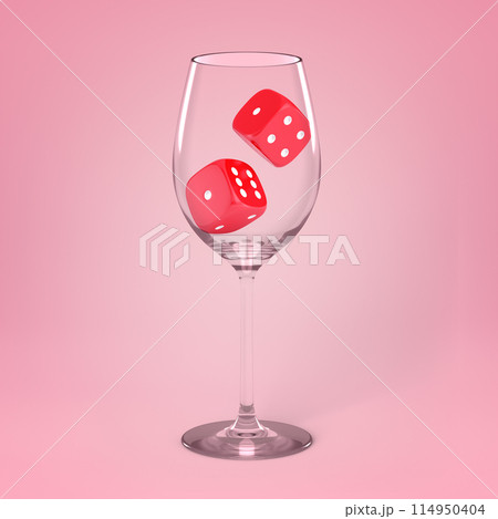 Red dice in a wine glass on pink background Red dice in a wine glass on pink background 114950404