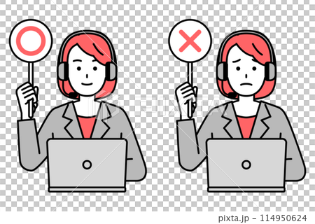 A female operator working on a laptop computer raising a circle or cross mark 114950624