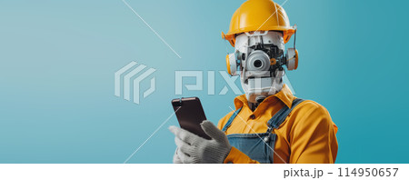 Robot Worker Analyzing Smartphone Screen 114950657