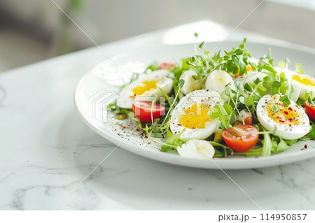 Boiled egg salad on bright white surface 114950857