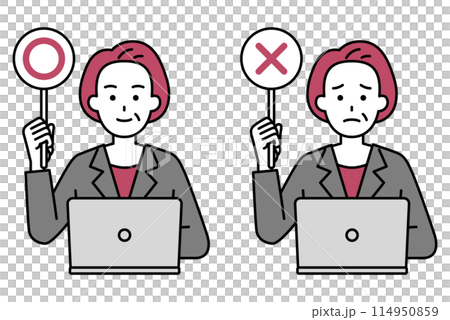 一位穿著西裝的中年婦女在筆記型電腦上工作,獲得了○×分 一位穿著西裝的中年婦女在筆記型電腦上工作,獲得了○×分 114950859