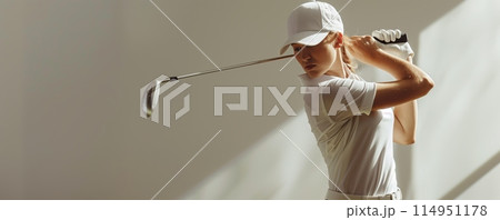Female golfer executing a powerful swing 114951178