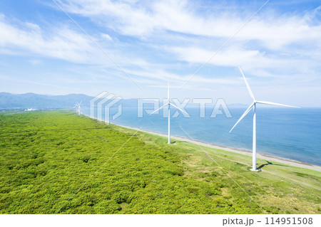 海岸線に立つ風車(空撮) 海岸線に立つ風車(空撮) 114951508