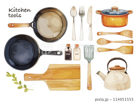 水彩で描いたキッチンツールのイラスト 114951555