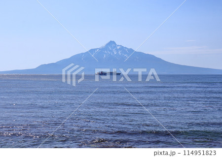 礼文島に向かうハートランドフェリーと利尻富士 114951823