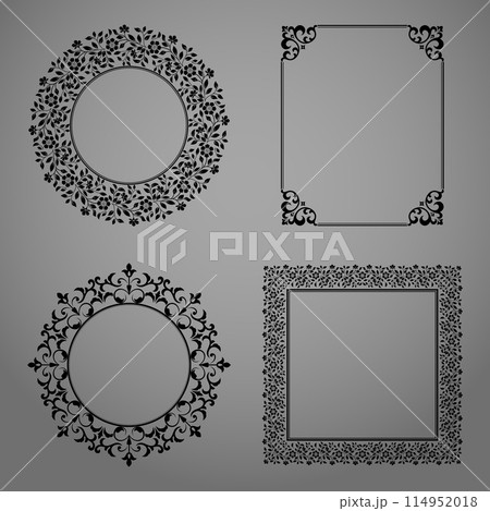 Set of decorative frames Elegant vector element for design in Eastern style, place for text. Floral black and gray borders. Lace illustration for invitations and greeting cards Set of decorative frames Elegant vector element for design in Eastern style, place for text. Floral black and gray borders. Lace illustration for invitations and greeting cards 114952018