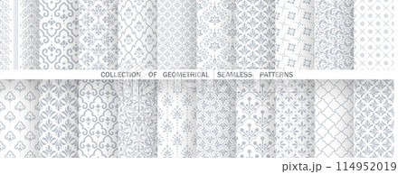 Geometric floral set of seamless patterns. White and gray vector backgrounds. Damask graphic ornaments 114952019