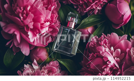 Perfume bottle with beautiful flowers. Floral background. Beauty concept. Flat lay, top view. 114952215