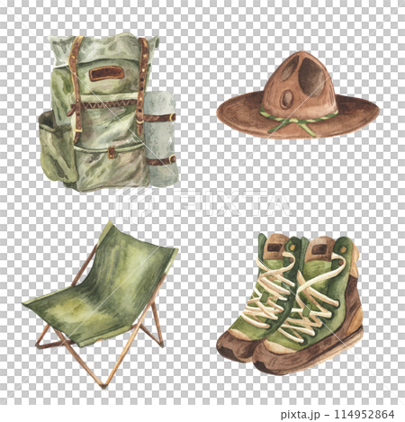 Camper bag chair boots hat. Watercolor camp objects set adventure outdoor tourist camping symbols . Isolated on white background. active travel vacations sport for summer. Hand drawn 114952864