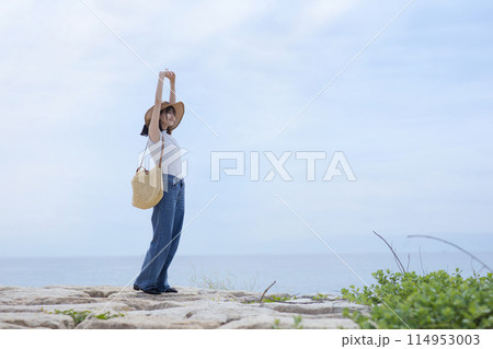 海辺を歩く若い女性 海辺を歩く若い女性 114953003