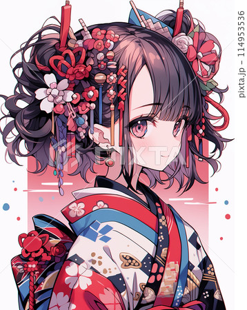 A cute girl in a gorgeous kimono with gorgeous - Stock