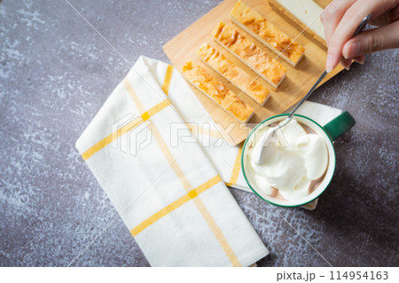 food background with cheese cake and breakfast for summer season 114954163