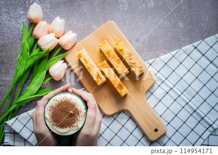 food background with cheese cake and breakfast for summer season food background with cheese cake and breakfast for summer season 114954171