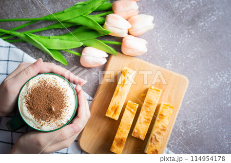 food background with cheese cake and breakfast for summer season 114954178