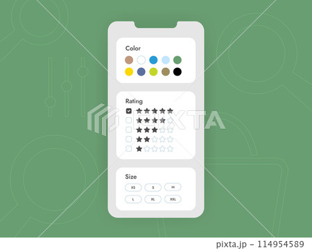 Search and Filtering of Marketplace Products. Advanced M-commerce Categorization and product filters. Flat vector illustration isolated on white background 114954589