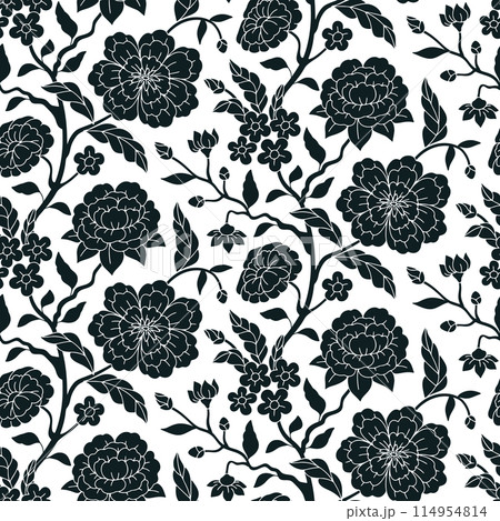 Seamless pattern with monochrome chinoiserie hand drawn motifs 114954814