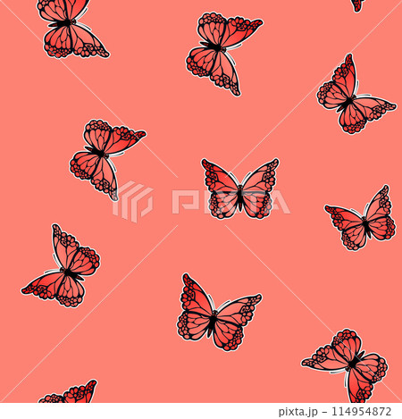 Seamless pattern with funny colorful Butterflies, flowers. Color flat vector illustration for invitation, poster, card, textile, fabric. Butterfly graphic design print. Trendy animal motif wallpaper 114954872