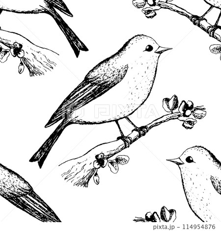 Seamless pattern with funny birds, flowers, leaves. Flat vector illustration with cartoon bird silhouette. Cute characters. Design for invitation, poster, card, textile, fabric 114954876