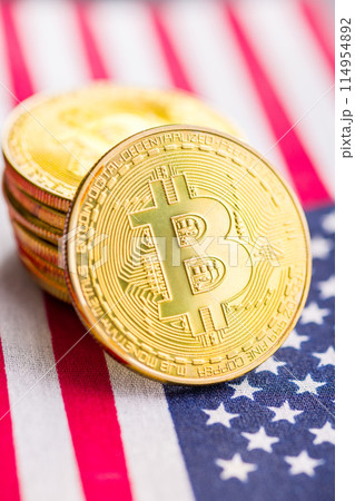 Bitcoin gold coin. Cryptocurrency on american flag 114954892