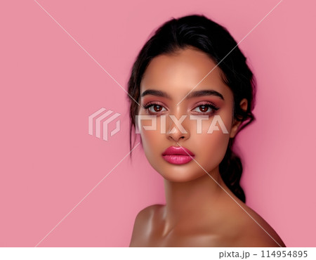 Young woman with dark hair, pink background, and vibrant makeup 114954895