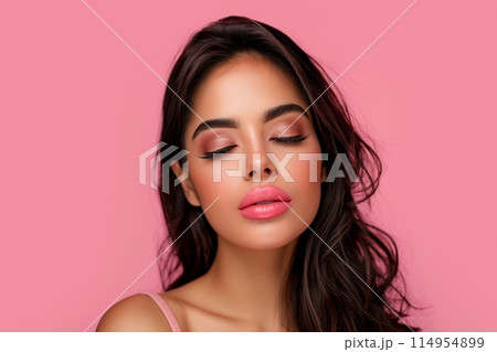 Young woman with dark hair eyes closed and pink makeup exuding elegant vibe against pink background 114954899