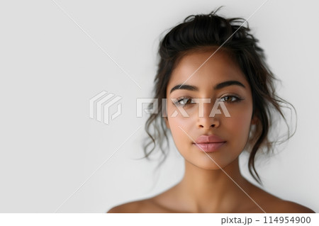 Portrait of a young woman with dark hair in a casual updo, featuring a natural and radiant smile 114954900