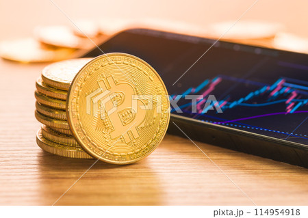 Bitcoin gold coin. Cryptocurrency and business chart in cellphone. 114954918