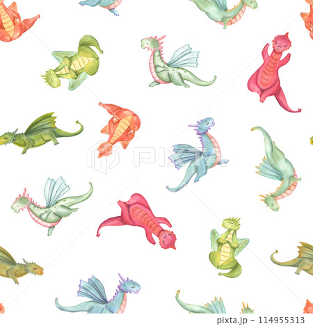 Multicolored dragons doing fitness. Flying animals in various poses of yoga. Seamless pattern with dragon practicing meditation. Watercolor stylized illustration. For fitness center design Multicolored dragons doing fitness. Flying animals in various poses of yoga. Seamless pattern with dragon practicing meditation. Watercolor stylized illustration. For fitness center design 114955313