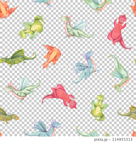 Multicolored dragons doing fitness. Flying animals in various poses of yoga. Seamless pattern with dragon practicing meditation. Watercolor stylized illustration. For fitness center design Multicolored dragons doing fitness. Flying animals in various poses of yoga. Seamless pattern with dragon practicing meditation. Watercolor stylized illustration. For fitness center design 114955313