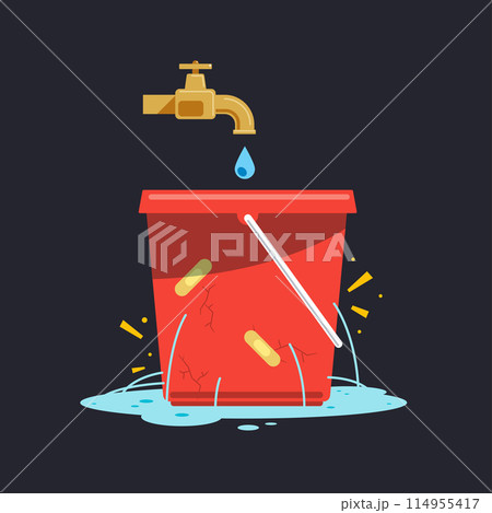 A golden faucet and a broken red bucket. Isolated Vector Illustration A golden faucet and a broken red bucket. Isolated Vector Illustration 114955417