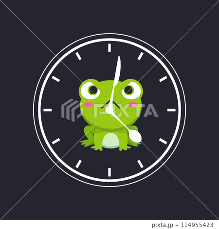 A frog image in a wall clock with knife and spoon as indicator. Vector Illustration 114955423