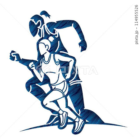 Group of Woman Running Marathon Runner Cartoon Sport Graphic Vector 114955526