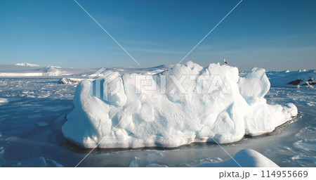 Ice floe stuck in frozen polar ocean in Antarctica. Arctic environment preserve ice. A breathtaking scene of Antarctic glacier. Natural beauty towering glacier. Ice float polar ocean. Aerial panorama Ice floe stuck in frozen polar ocean in Antarctica. Arctic environment preserve ice. A breathtaking scene of Antarctic glacier. Natural beauty towering glacier. Ice float polar ocean. Aerial panorama 114955669