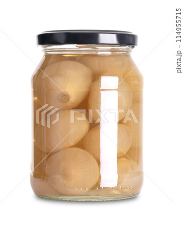 Borettane onions, pickled in a glass jar with screw cap. Italian pearl onions with flat and saucer-like shape, preserved in brine of water, white wine vinegar, sugar and salt. Front view, food photo. Borettane onions, pickled in a glass jar with screw cap. Italian pearl onions with flat and saucer-like shape, preserved in brine of water, white wine vinegar, sugar and salt. Front view, food photo. 114955715