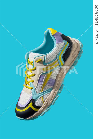 Fashionable Sneaker on blue background. Creative banner with stylish shoes Fashionable Sneaker on blue background. Creative banner with stylish shoes 114956000