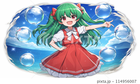 真夏の海を背景にピースサインをしている女の子