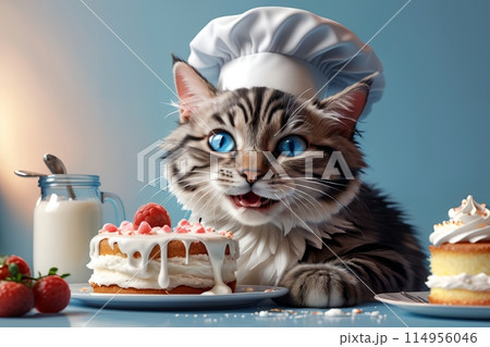 professional cat pastry chef prepares sweet pastries and cakes 114956046