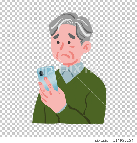 Grandpa looking at his smartphone with a troubled expression 114956154