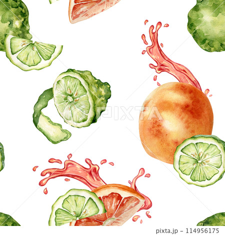 Citrus ripe fruits with juicy splash on watercolor seamless pattern isolated on white. Hand drawn bright summer plants bergamot and grapefruit in botanical sketch style for textile, package products Citrus ripe fruits with juicy splash on watercolor seamless pattern isolated on white. Hand drawn bright summer plants bergamot and grapefruit in botanical sketch style for textile, package products 114956175