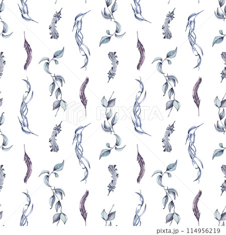 Black Gray feathers and leaves seamless pattern isolated on white background. Gothic floral background hand drawn. Dark Wedding Decoration in vintage style. Element for invitation, backdrop, paper Black Gray feathers and leaves seamless pattern isolated on white background. Gothic floral background hand drawn. Dark Wedding Decoration in vintage style. Element for invitation, backdrop, paper 114956219