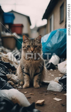 The cat sits in the middle of the trash heap The cat sits in the middle of the trash heap 114956315